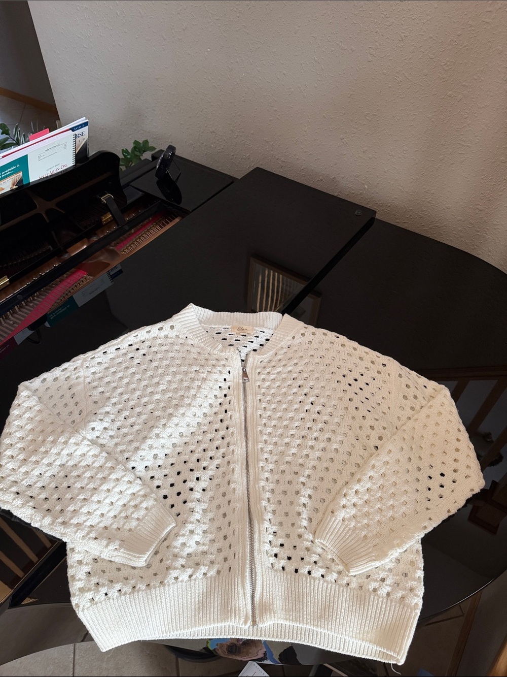 Elan Women's OffWhite Openwork Zip-Front Knit Jacket